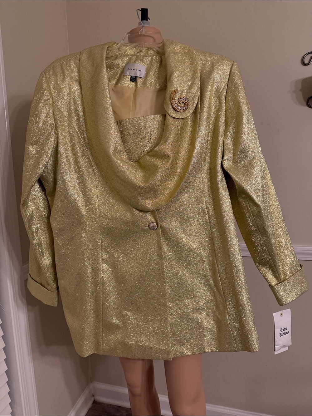 Terramina Gold Metallic Draped-Collar Blazer with Brooch
